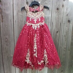 BiJanKids Dress Girls Size 4 Red Gold Tulle Sleeveless Zip Cross Tie Back Fancy